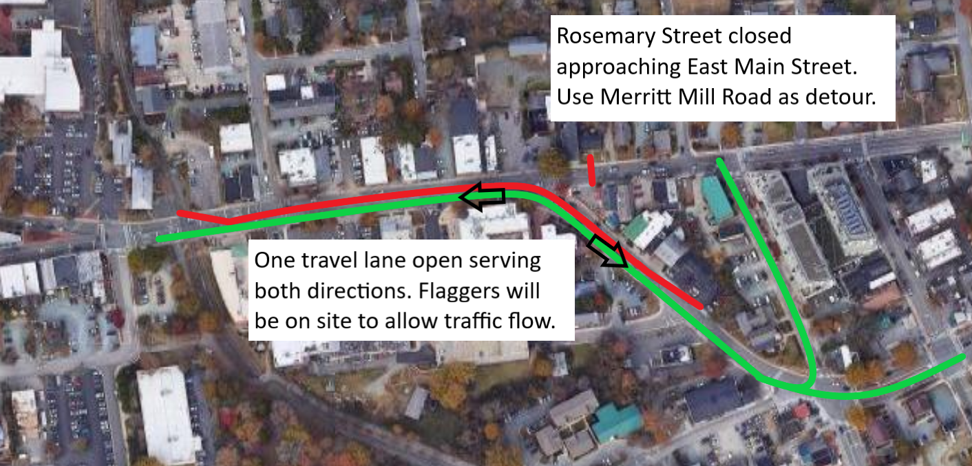 E Main St Sewer Work Area_March 11 2022 with Text Boxes and Arrows